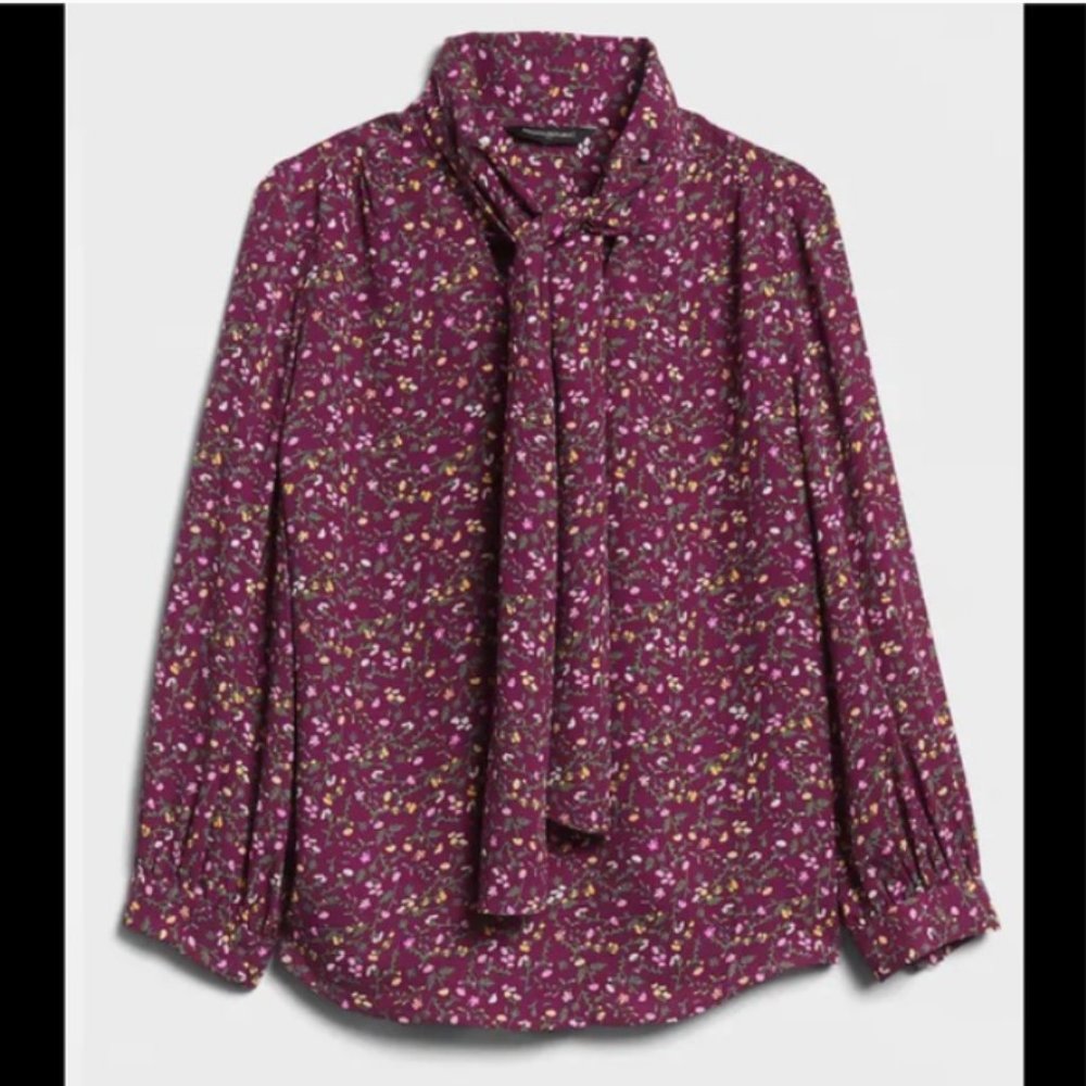 Banana Republic Berry Wine Tie-Neck Blouse